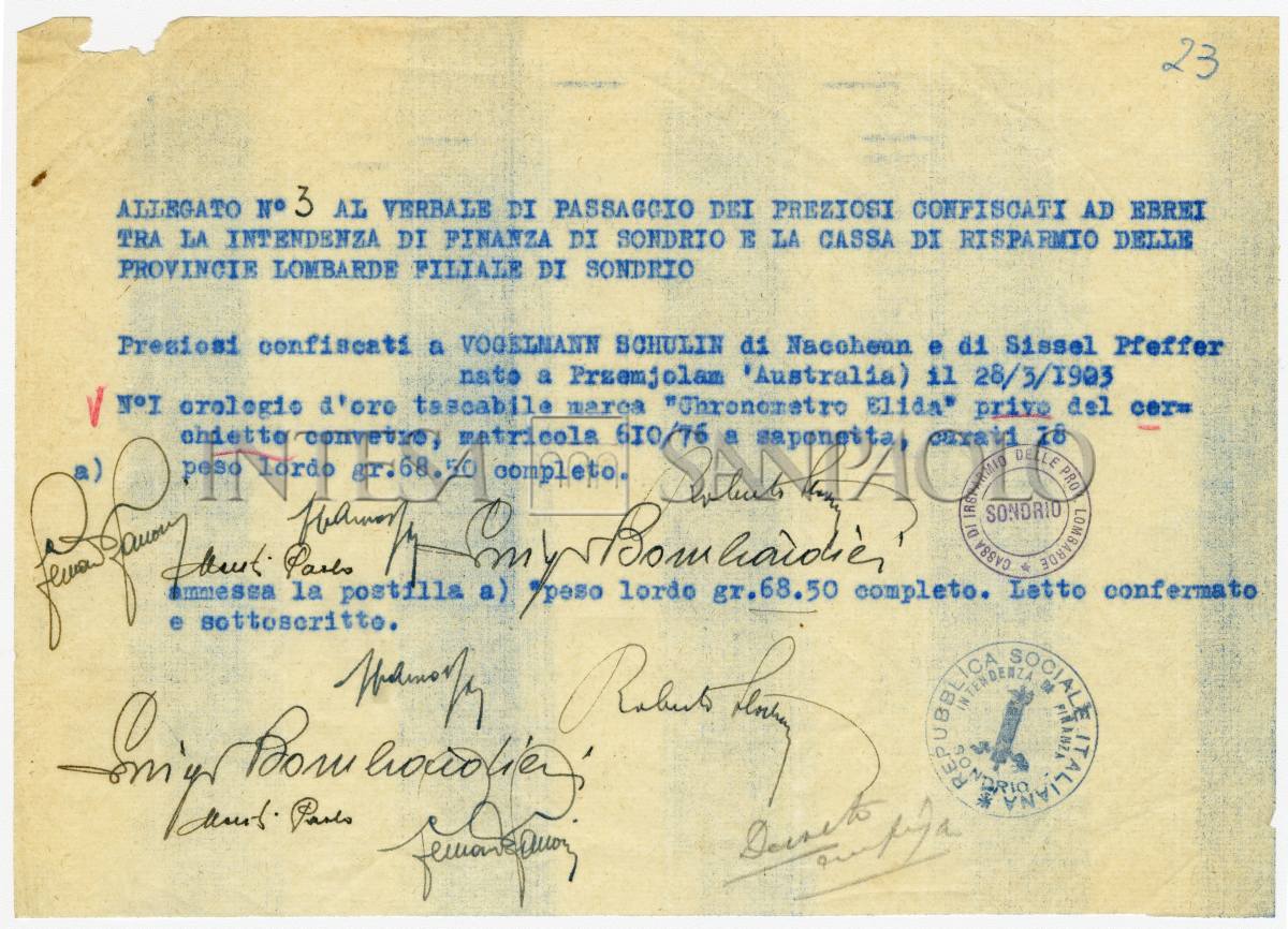 Allegato al verbale di passaggio dei preziosi confiscati a Schulim Vogelmann dall'Intendenza di finanza di Sondrio al Credito fondiario, 1944
